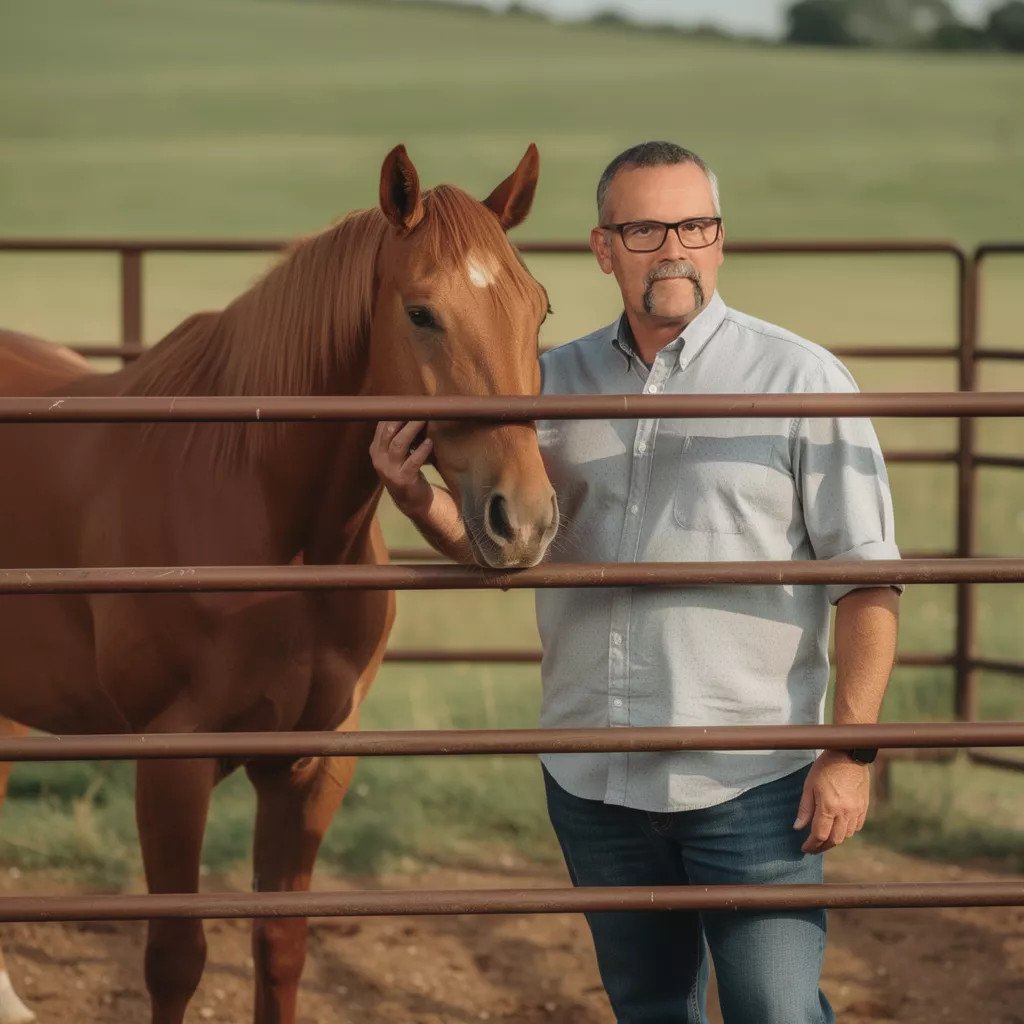 Ein Mann mit Brille steht neben einem braunen Pferd hinter einem Zaun auf einer Weide.
