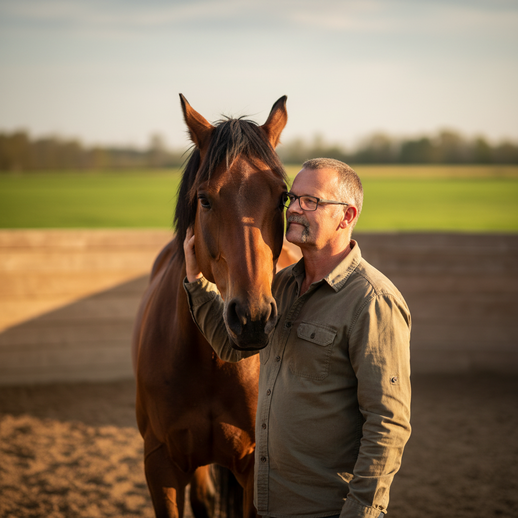 Ein Mann mit Brille streichelt ein braunes Pferd auf einem Reitplatz bei Sonnenuntergang.