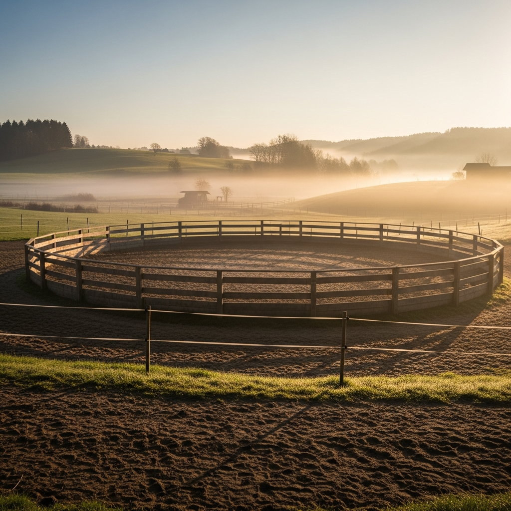 Ein Reitplatz auf dem Land bei Sonnenaufgang mit einem Zaun und nebligem Hintergrund