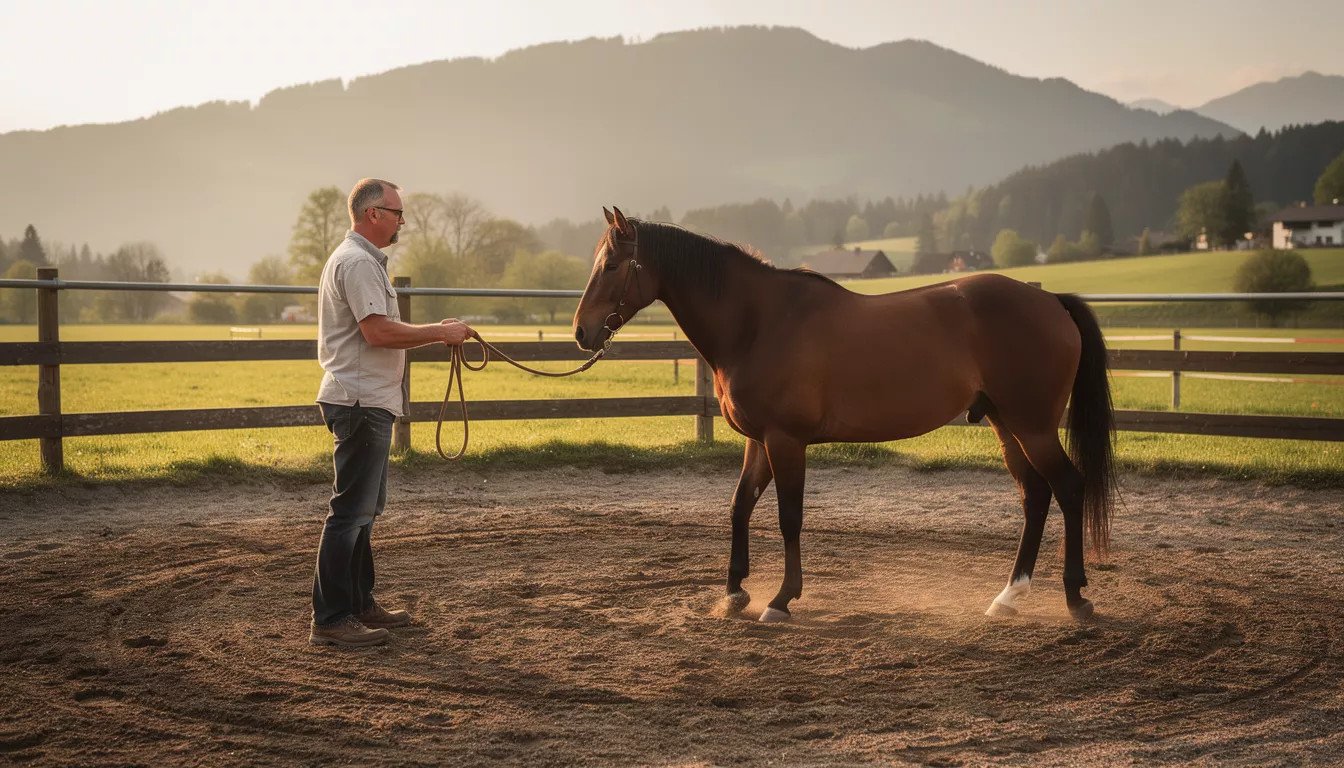Ein Mann hält ein Pferd in einem Reitplatz bei Sonnenuntergang, umgeben von grünen Feldern und Bergen.