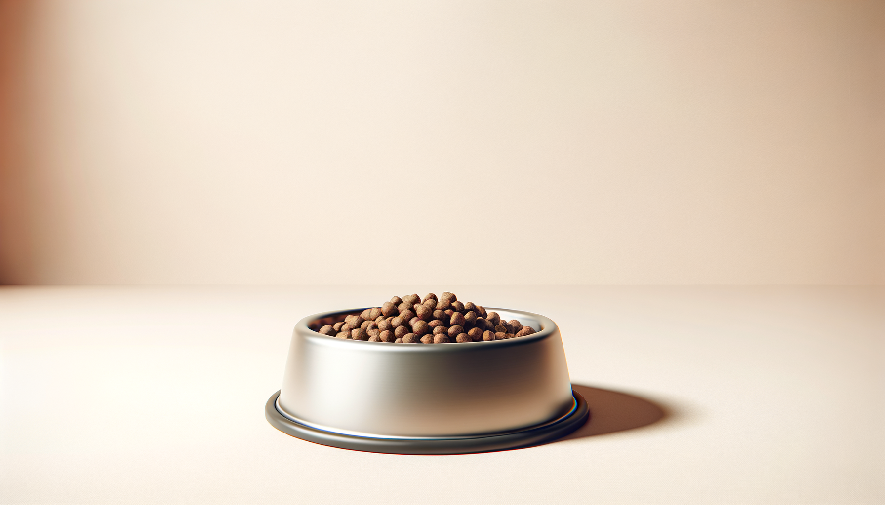 A stainless steel pet food bowl filled with dry kibble on a light-colored surface with a plain neutral background.