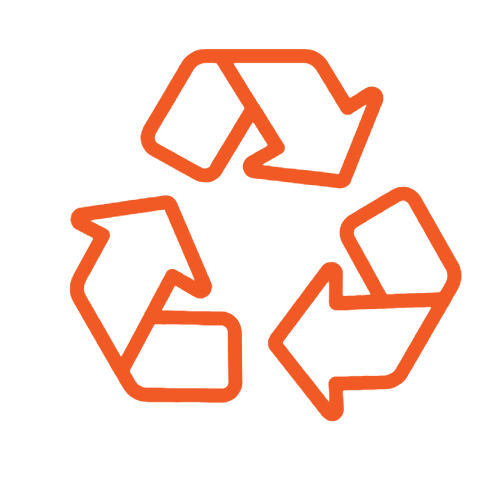 Recycling symbol with three orange arrows forming a triangle.