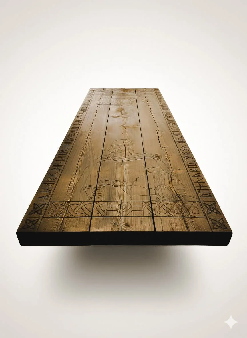 Wooden panel table with carved Celtic knots and Latin inscriptions, featuring a central Viking-style figure, against a plain white background.