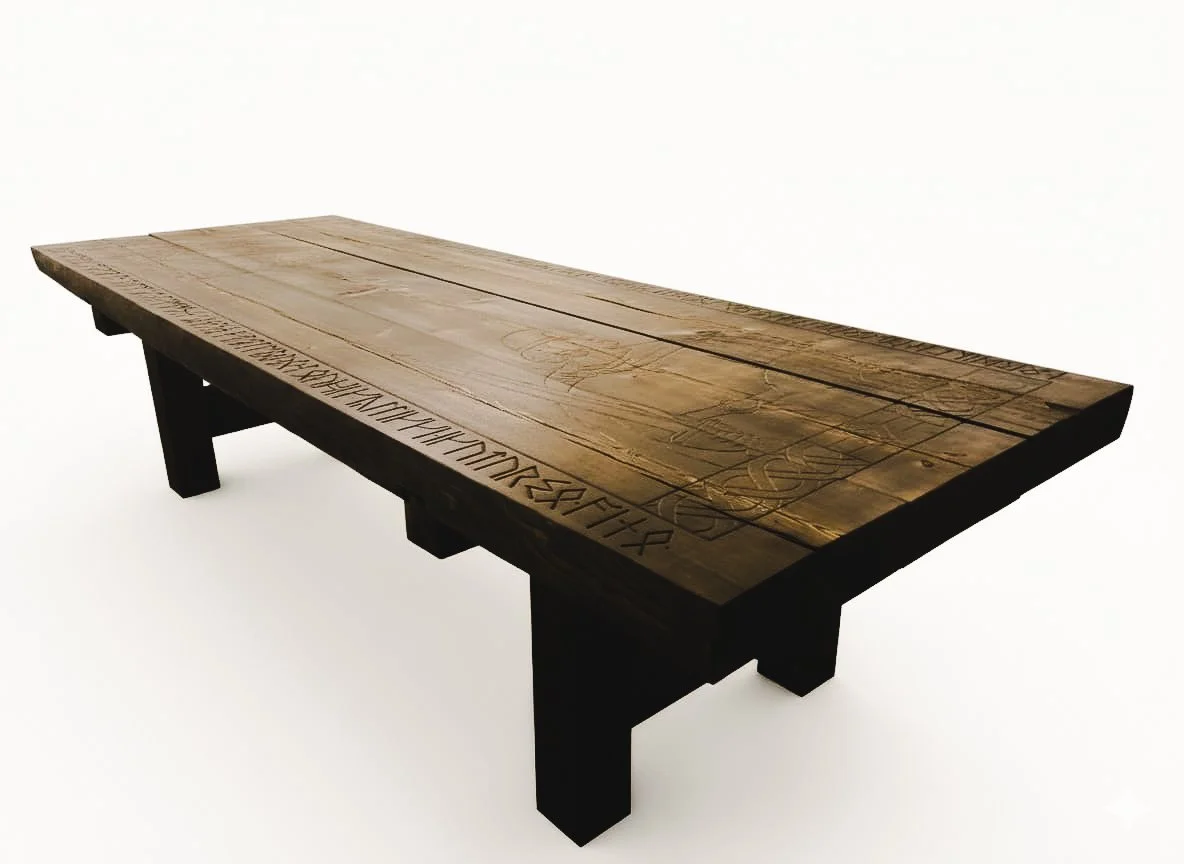 A wooden table with carved designs and runic inscriptions around the edges, supported by black legs.
