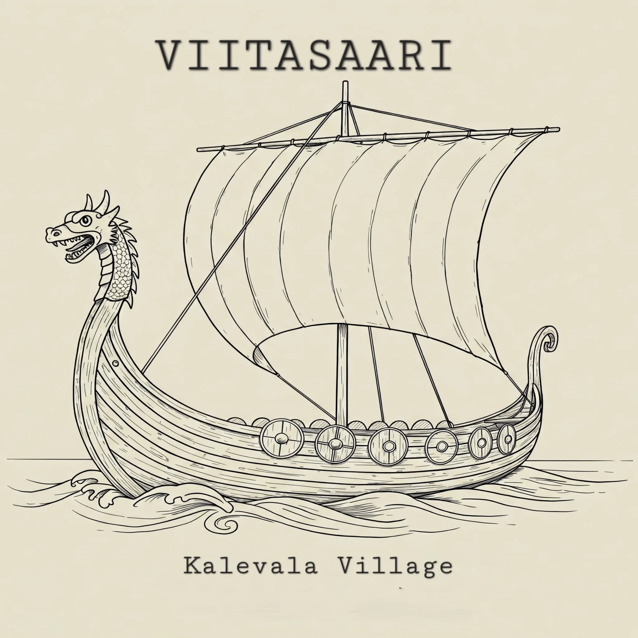 Line drawing of a Viking ship with a dragon figurehead and a large sail, above the words 'VIITASAARI' and below 'Kalevala Village'.