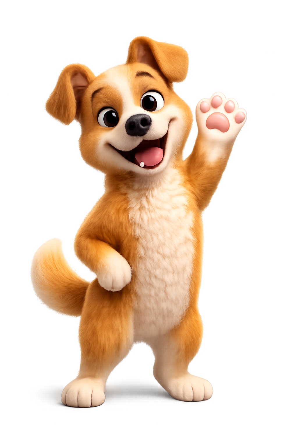 Cartoon puppy with brown and white fur waving and smiling.