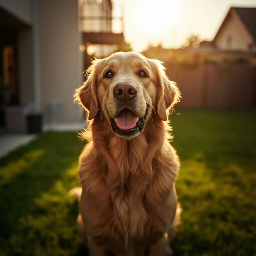 Golden retriever dog sitting on grass in a backyard during sunset.