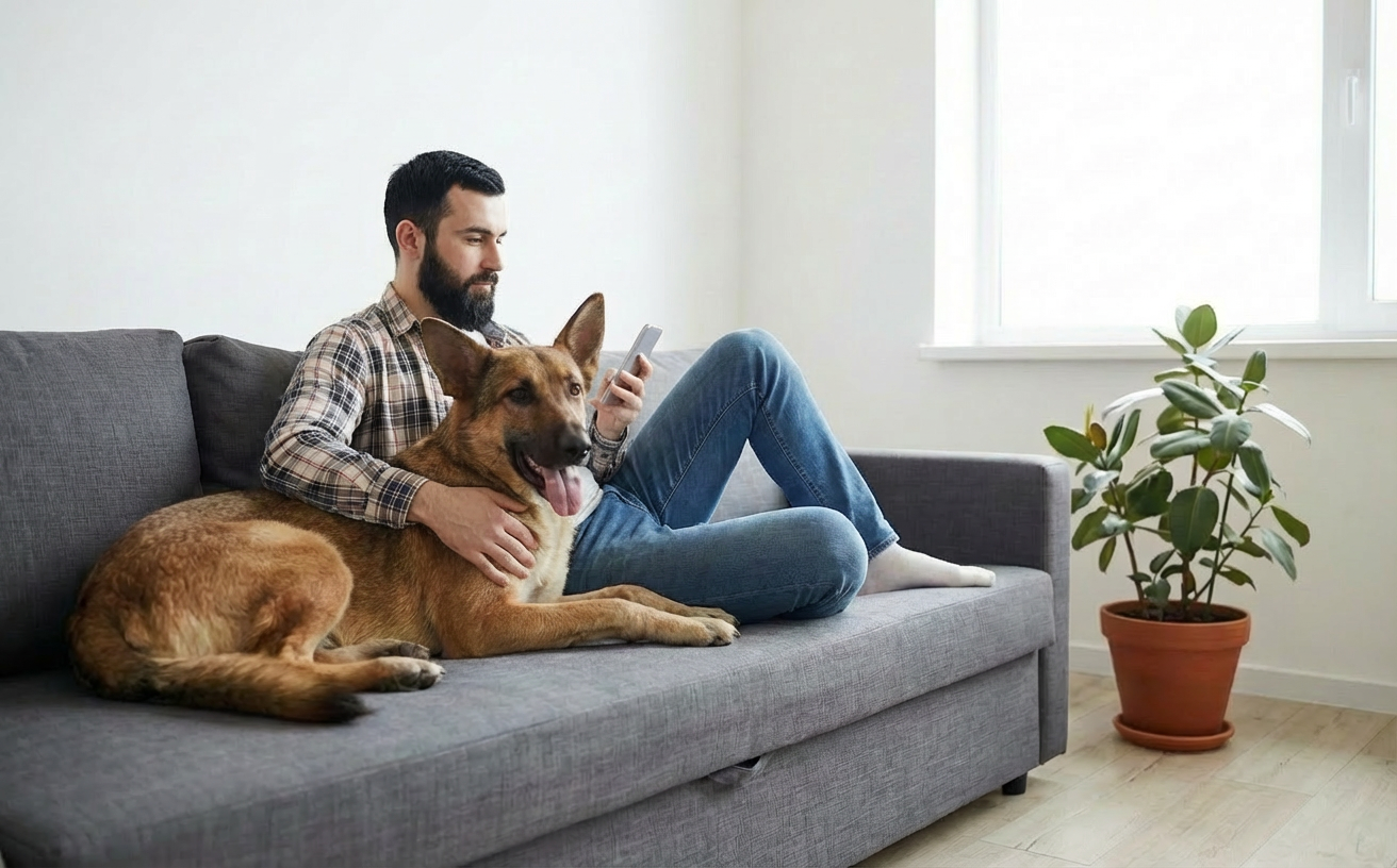 A man with a beard in a plaid shirt and jeans sitting on a gray couch, holding a phone and hugging a large brown dog with a happy expression, next to a window with bright light and a potted plant.