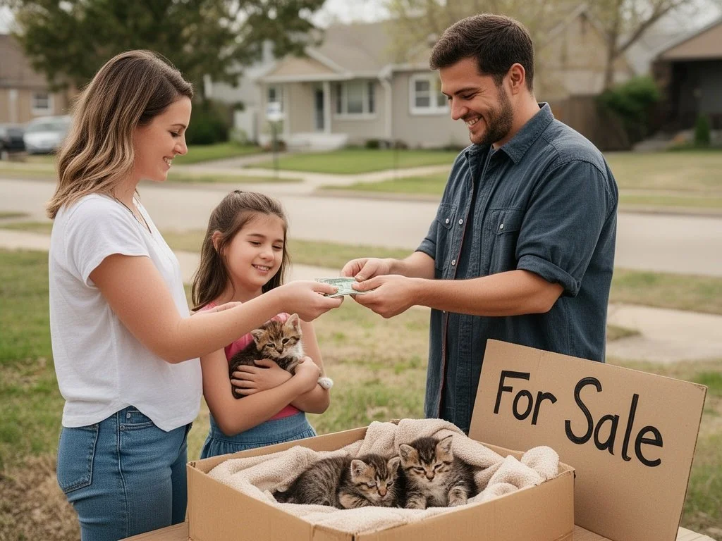A family at a yard sale with a sign that says "For Sale," selling kittens to a smiling man who is handing over money.