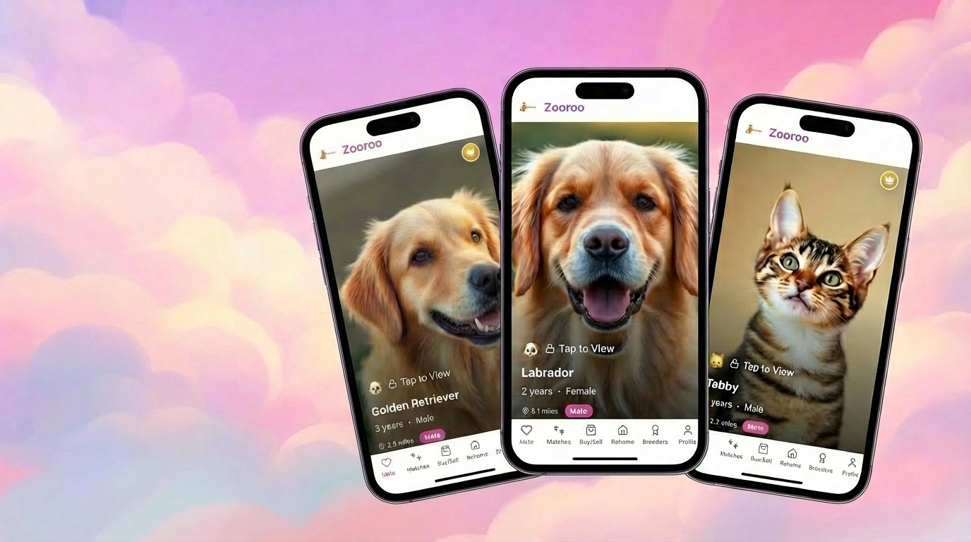 Three smartphone screens displaying a pet social media app with pictures of a golden retriever and a tabby cat, against a pastel pink and purple cloudy background.