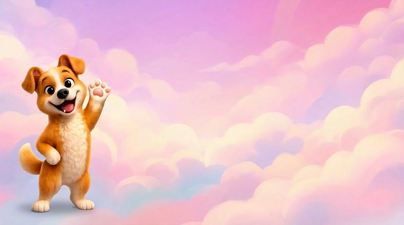 Cartoon dog waving paw against a pastel sky background of pink and purple clouds.