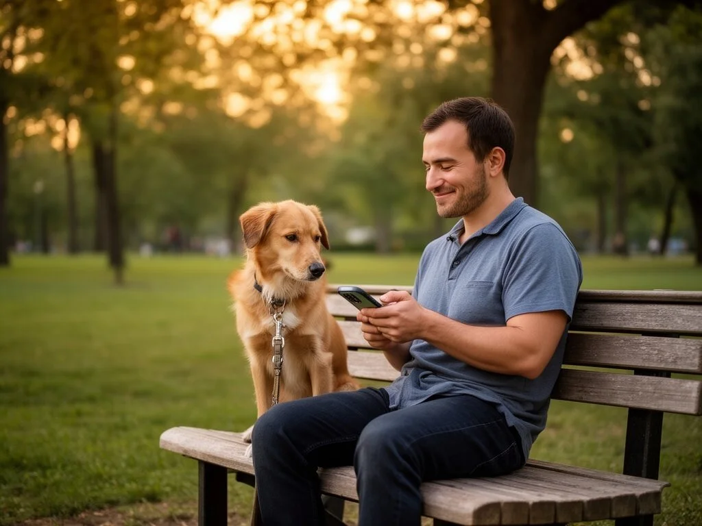 A man sitting on a park bench using a smartphone, with a golden retriever sitting beside him.