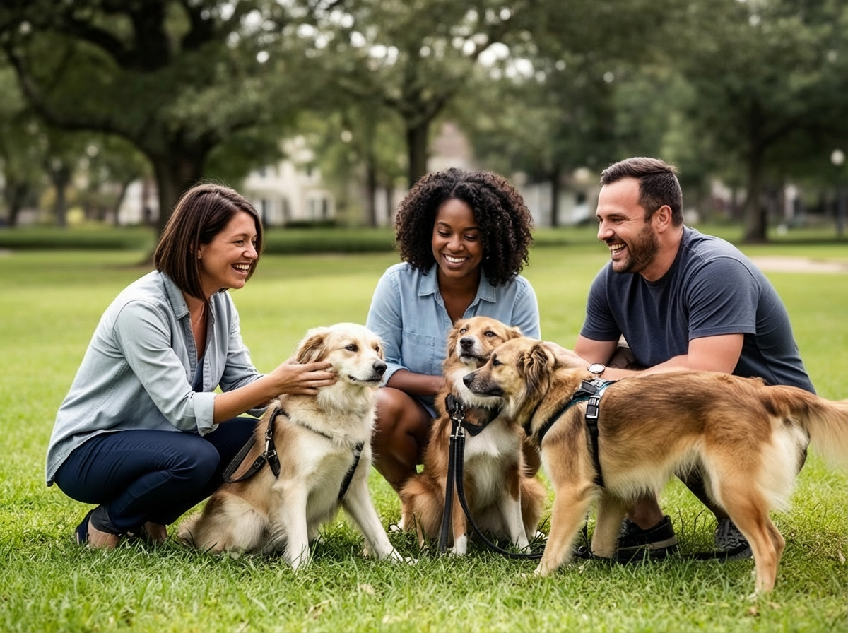 Three people, two women and one man, sitting on grass in a park with four dogs, smiling and interacting with the dogs.