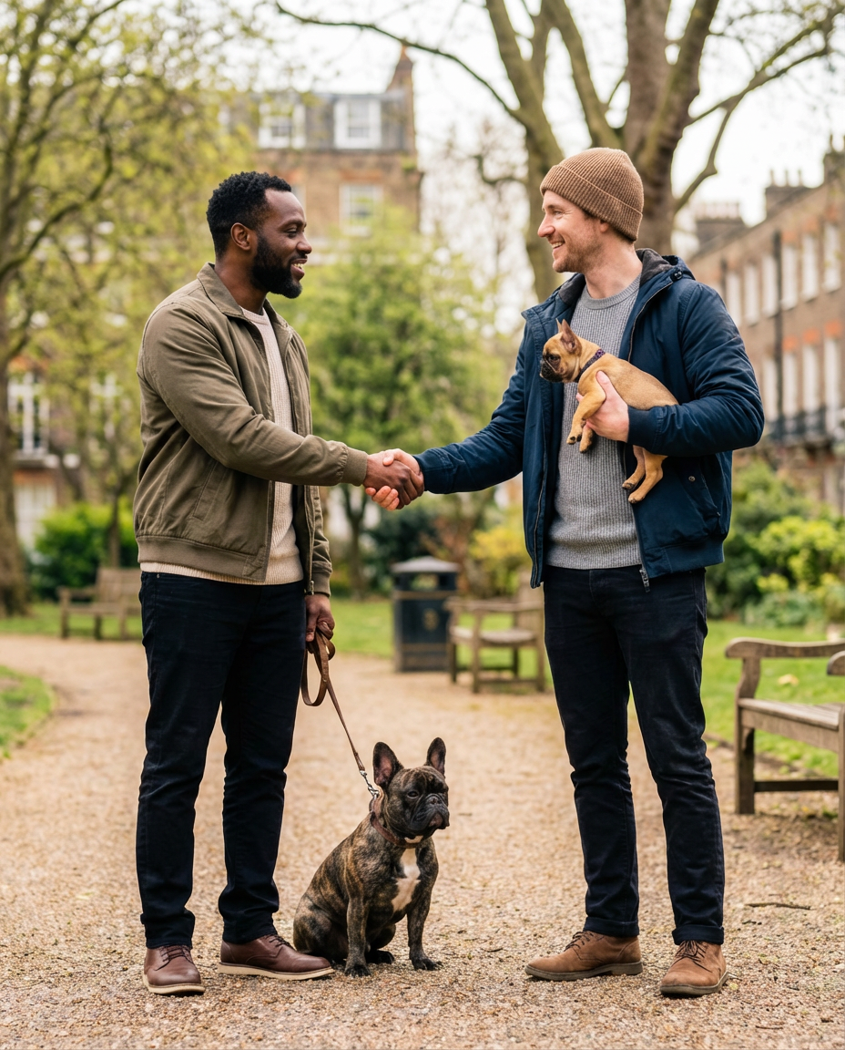 Two men shaking hands in a park, each holding a small dog, with a French Bulldog on a leash sitting between them, trees, benches, and buildings in the background.
