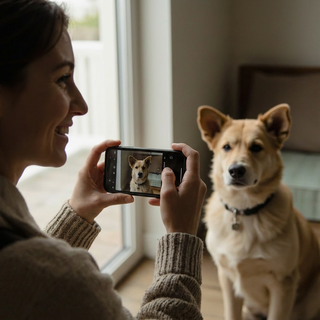 A woman taking a photo of a tan dog with a smartphone indoors near a sliding glass door.