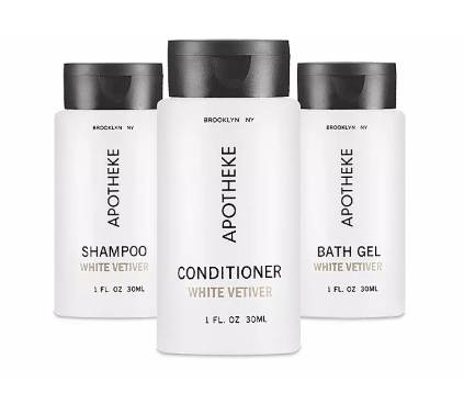 Premium Apotheke shampoo, conditioner, and bath gel amenities with minimalist white and black packaging, staged for a luxury guest experience by Elite Southern Turnovers.