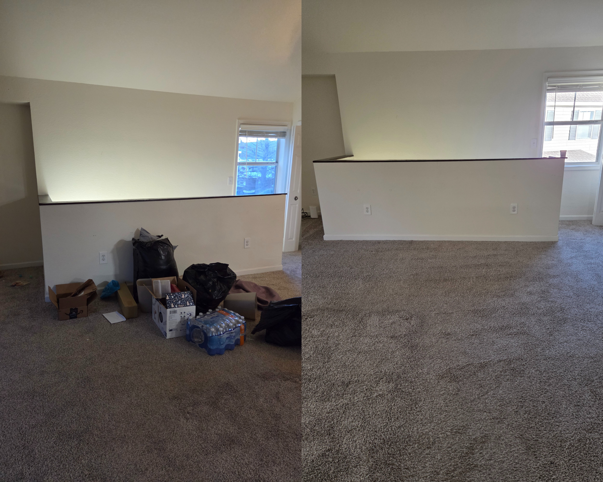 Professional STR turnover result in Charleston, showcasing a complete living room decluttering and carpet cleaning to restore a pristine, guest-ready environment.