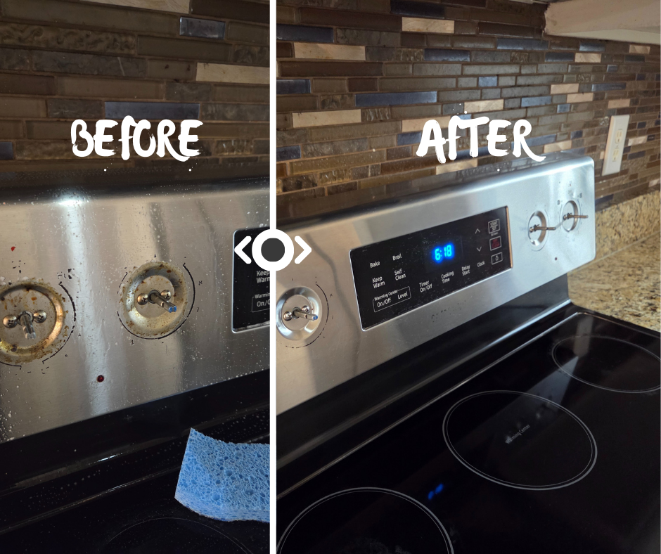 Professional stove restoration by Elite Southern Turnovers, showing a deep-cleaned range hood and cooktop transformed from greasy and dull to a sparkling, like-new shine.