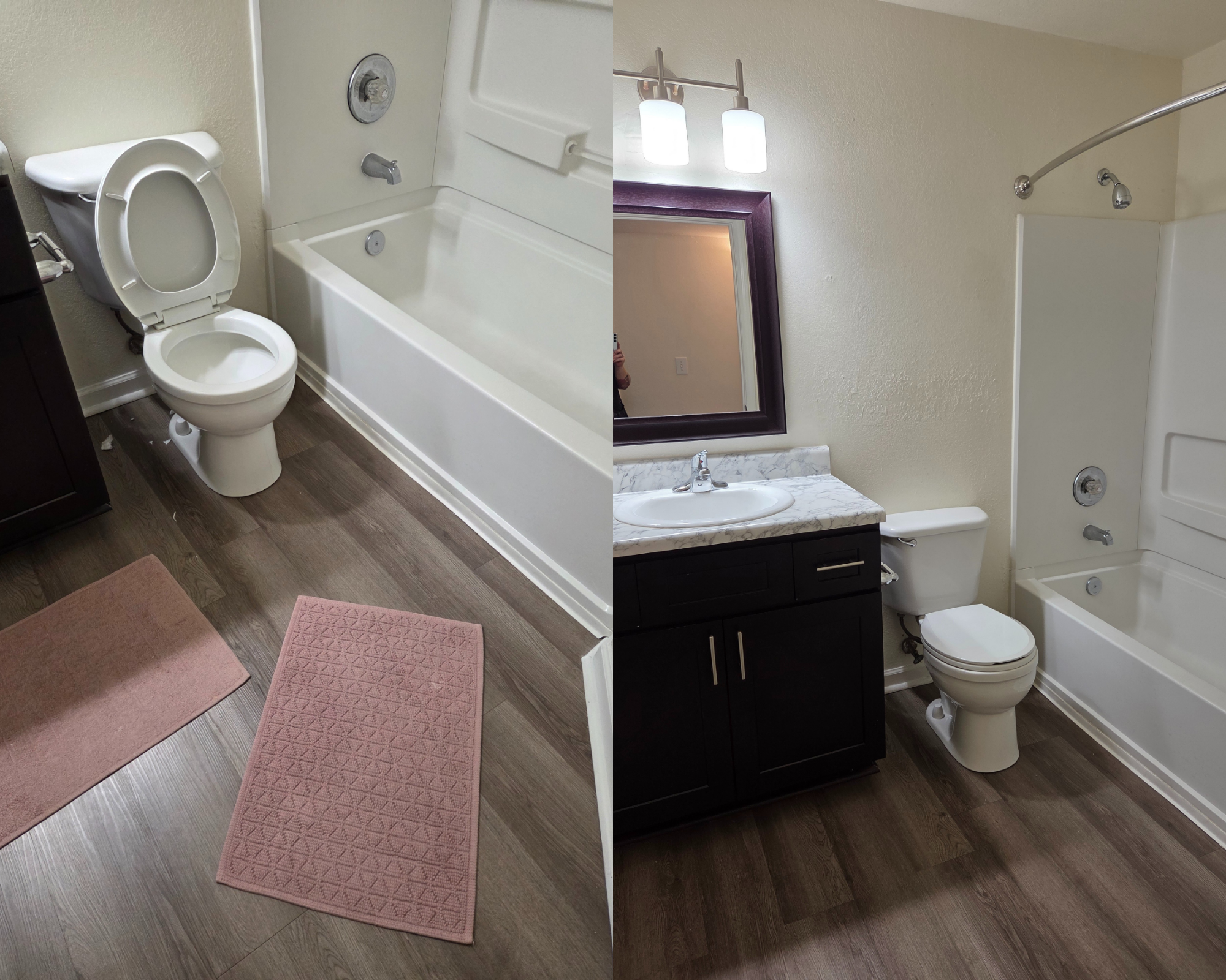 Real-world bathroom renovation and deep clean by Elite Southern Turnovers, showing a transition from a cluttered, dated space to a luxury modern vanity with marble countertops.