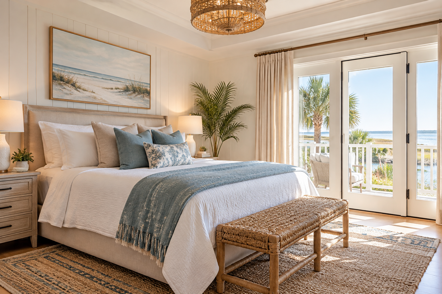 Beachside bedroom with white bedding, blue and beige pillows, a woven bench, and large glass doors leading to a balcony with a view of palm trees and the water.