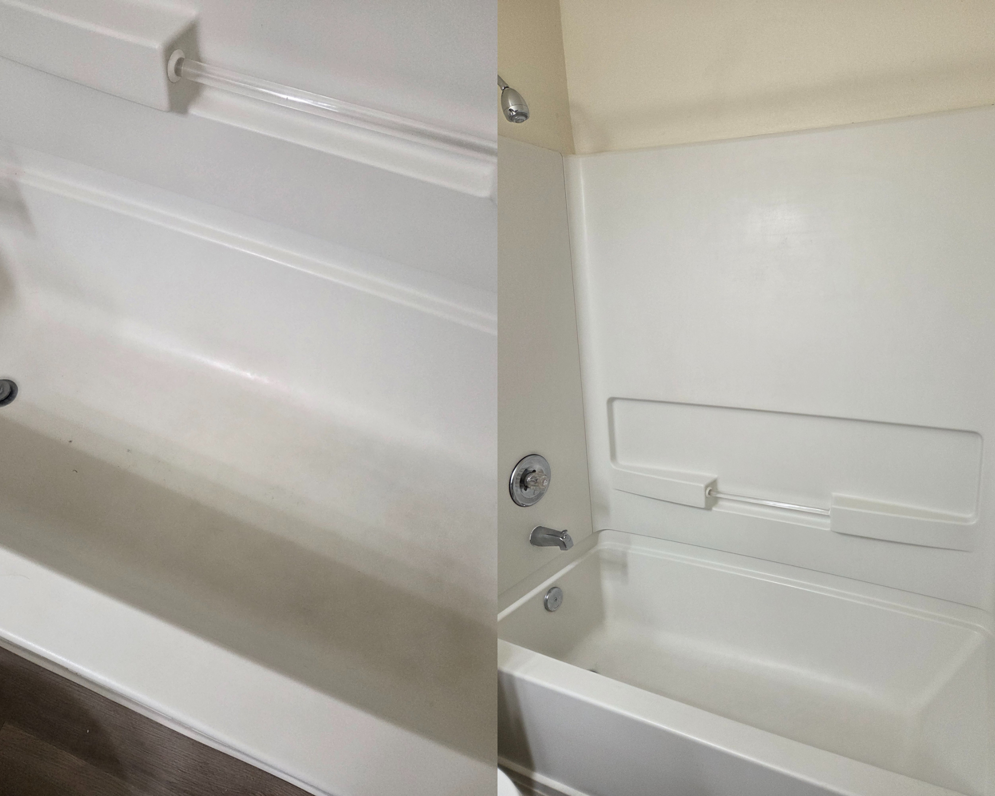 Before and after of a bathtub deep clean, demonstrating the removal of heavy stains and grime to restore a bright, sanitary white finish for new guests.