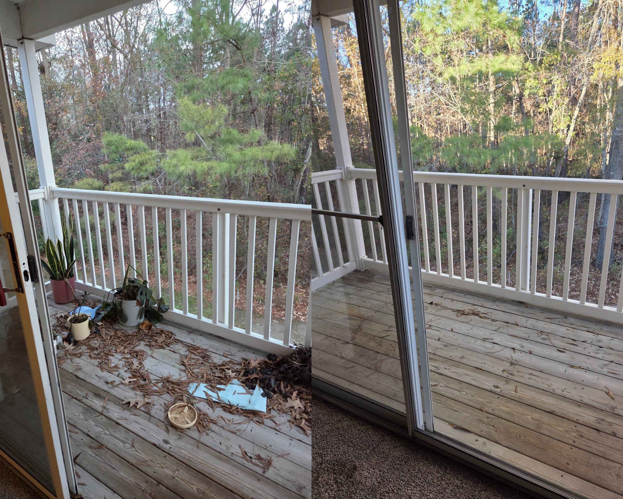 Exterior property maintenance by Elite Southern Turnovers, showing a leaf-strewn balcony transformed into a pristine wooden deck with a clear, inviting view of the surrounding trees.