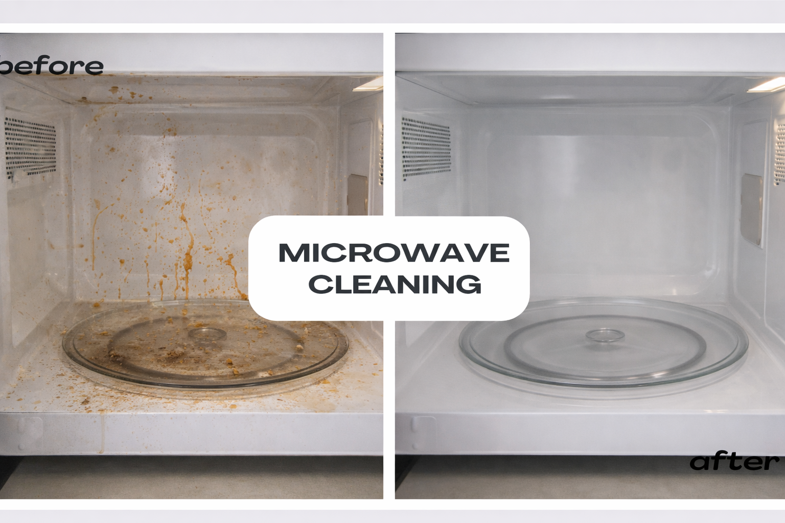 Side-by-side comparison of microwave interior before and after cleaning. The 'before' side shows a microwave with food splatters and stains, while the 'after' side shows a clean, spotless microwave. Text in the center reads 'Microwave Cleaning'.