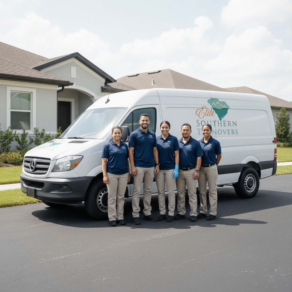 Five landscaping professionals standing in front of a white delivery van with a logo for Elite Southern Tree Trimmers, in a suburban neighborhood.