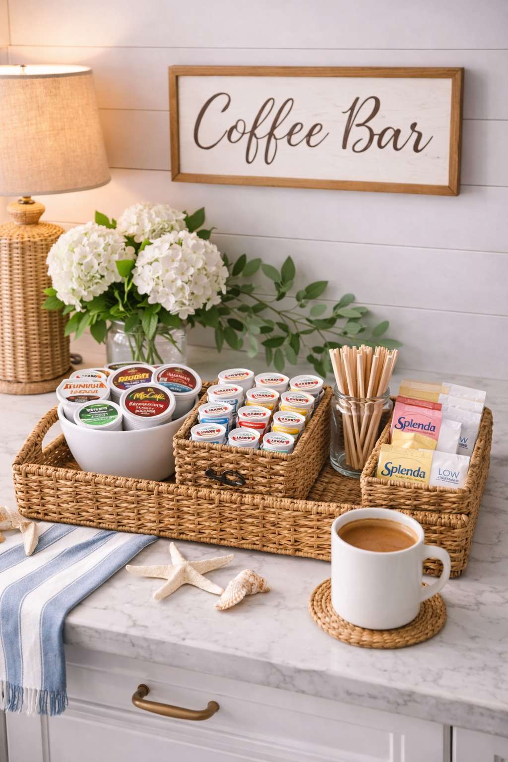 Coffee station setup for Airbnb turnovers in Charleston SC including k cups, creamers, and guest essentials