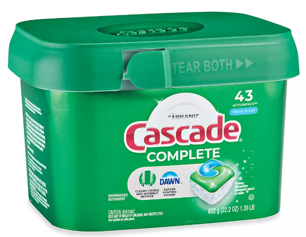 Professional-grade Cascade Complete dishwasher detergent tablets provided by Elite Southern Turnovers to ensure guest convenience and high-standard kitchen hygiene.