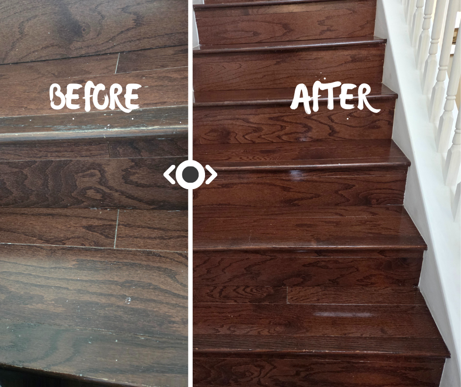 Luxury staircase restoration showing the transition from worn, faded wood to a deep, polished, and well-maintained finish in a Lowcountry property.