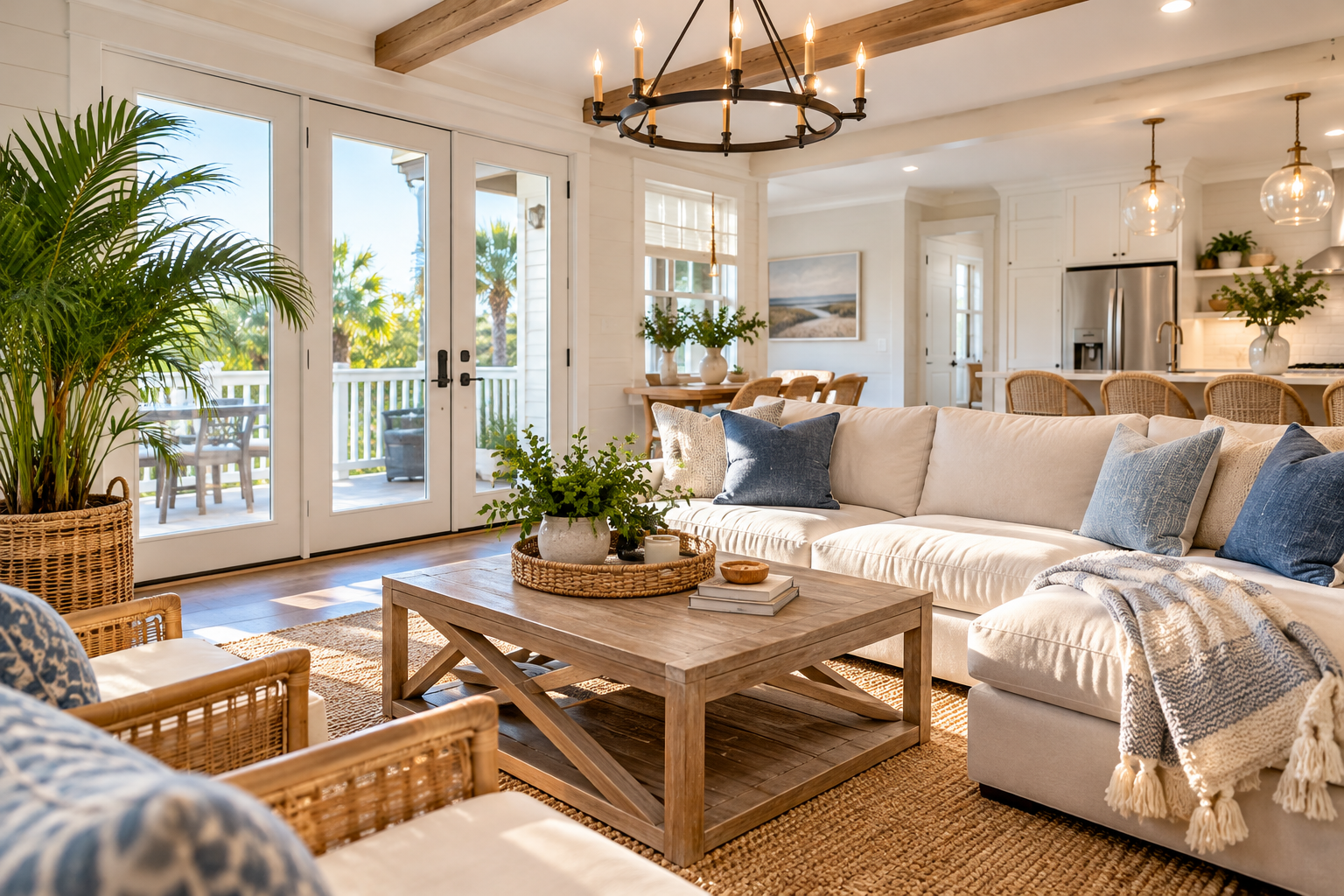 Bright and airy living room with large glass doors leading outside, a white sofa with blue and neutral pillows, a wooden coffee table with plants and books, rattan chairs, a large potted plant, and a kitchen and dining area in the background.