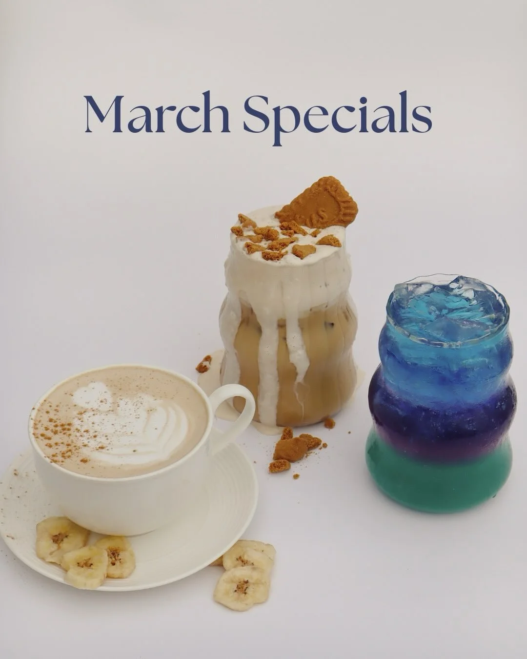 Our March Specials have arrived! 

Biscoff Latte 
2 shots espresso + brown sugar + vanilla, topped with dreamy Biscoff cold foam. Sweet, creamy, cookie-butter heaven in a cup.

Banana Bread Chai 
Chai + banana syrup + brown sugar + cinnamon. It&rsquo