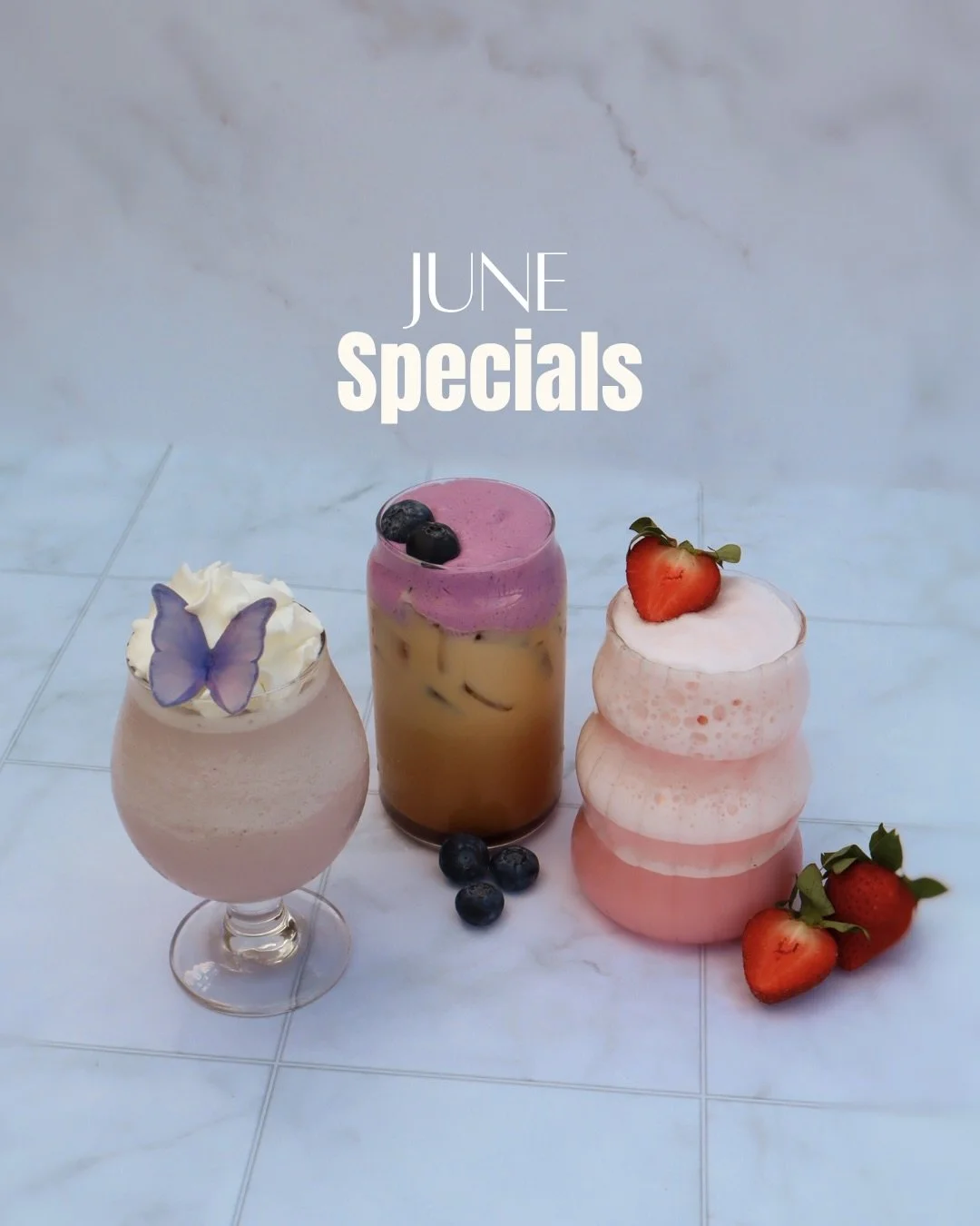 JUNE SPECIALS🍓

Strawberry Lemonade Lotus: A refreshing frozen lotus energy drink with the combo of strawberry and lemonade. 🍓

Blueberry Dream Latte: An iced latte with blueberry &amp; vanilla syrup. Topped with an UBE cold foam.🫐

Butterfly Buzz
