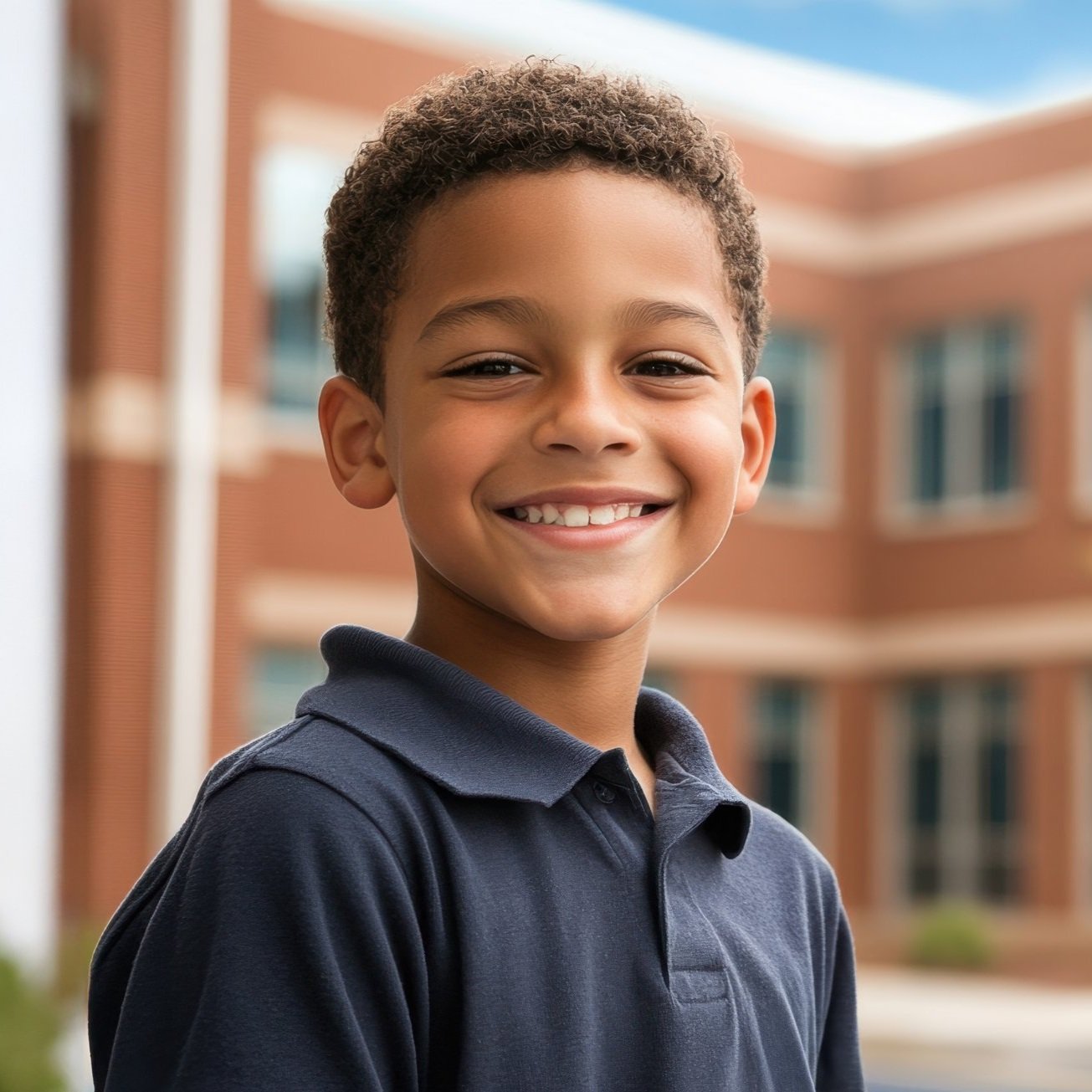 Smiling young boy with short curly hair wearing a navy polo shirt outdoors in front of a brick school building.