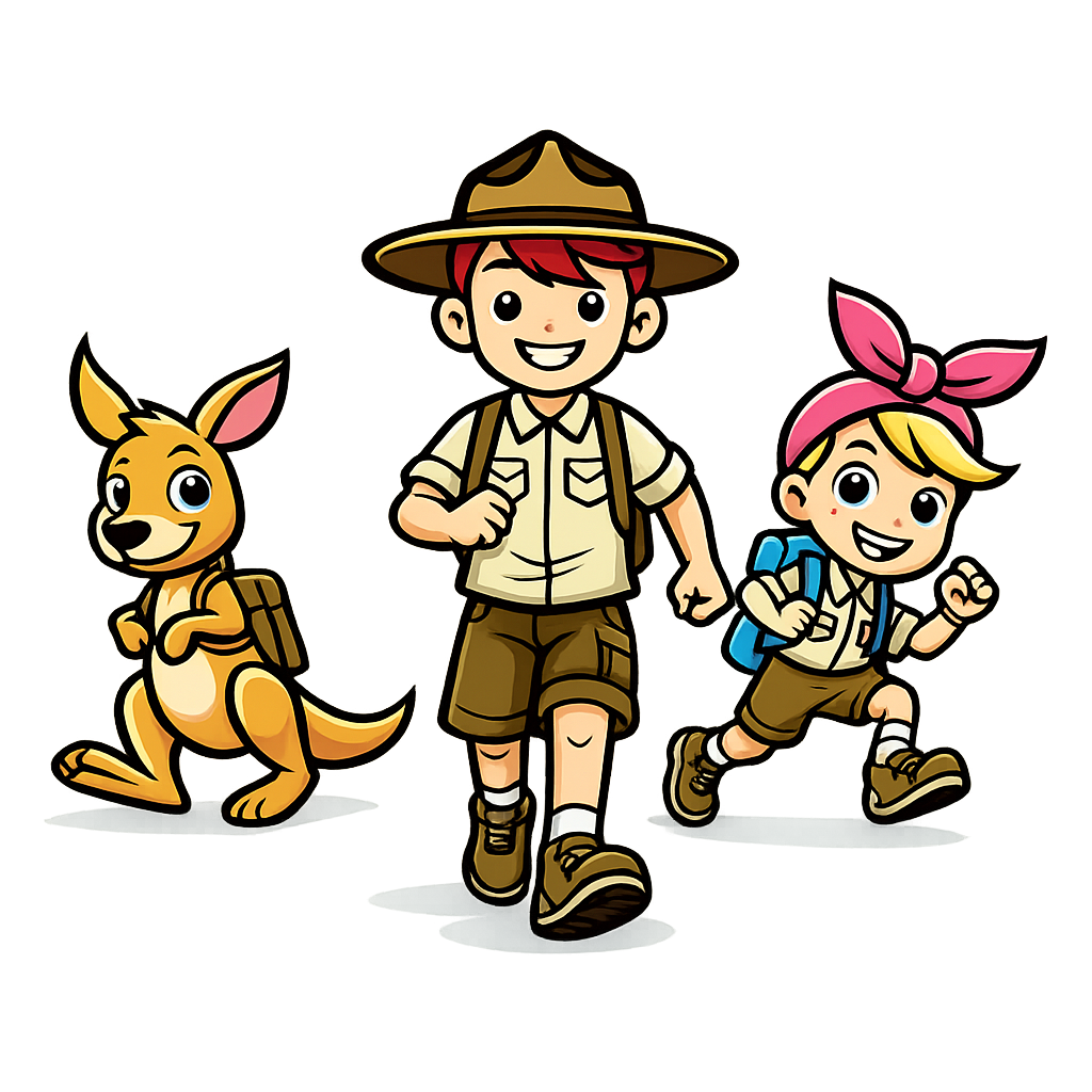 Cartoon of two kids, a boy with a hat and shorts and a girl with a pink headband and backpack, hiking with a dog in a wilderness setting