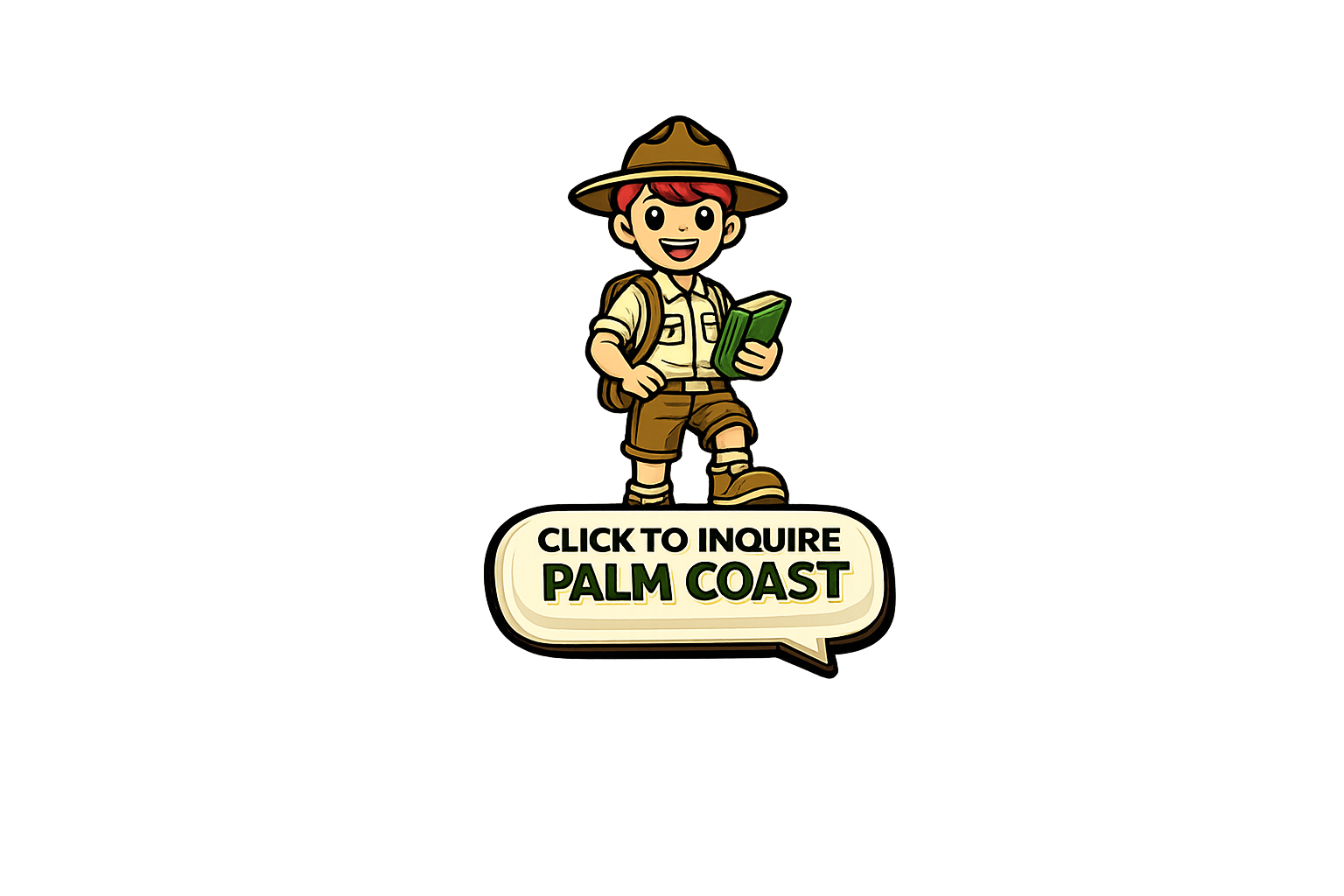 Cartoon character of a young boy dressed as an explorer, holding a book and walking outdoors, with a sign saying 'Click to inquire Palm Coast'.