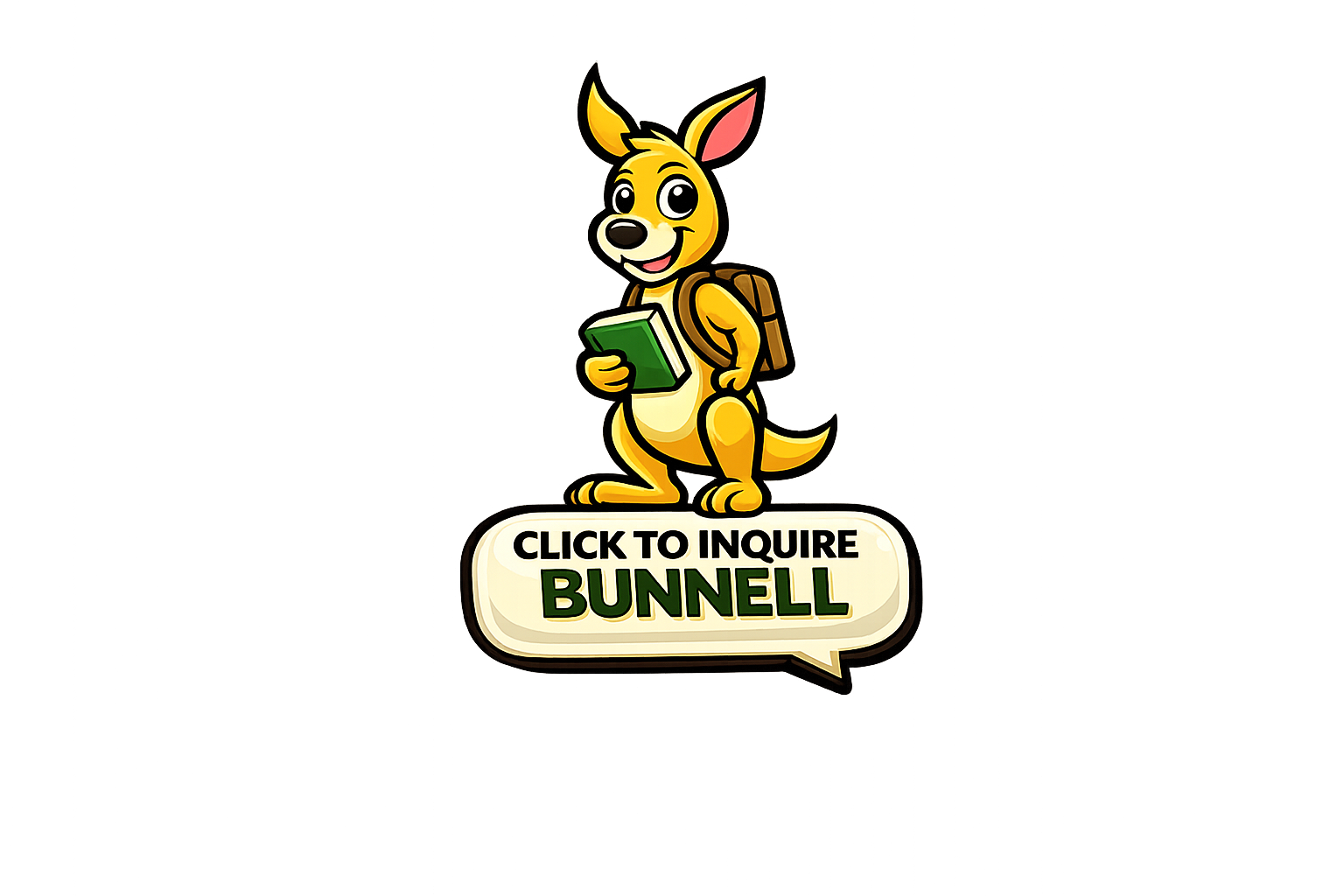 Cartoon kangaroo with a backpack holding a book, standing next to a sign that says 'Click to Inquire Bunnell'.