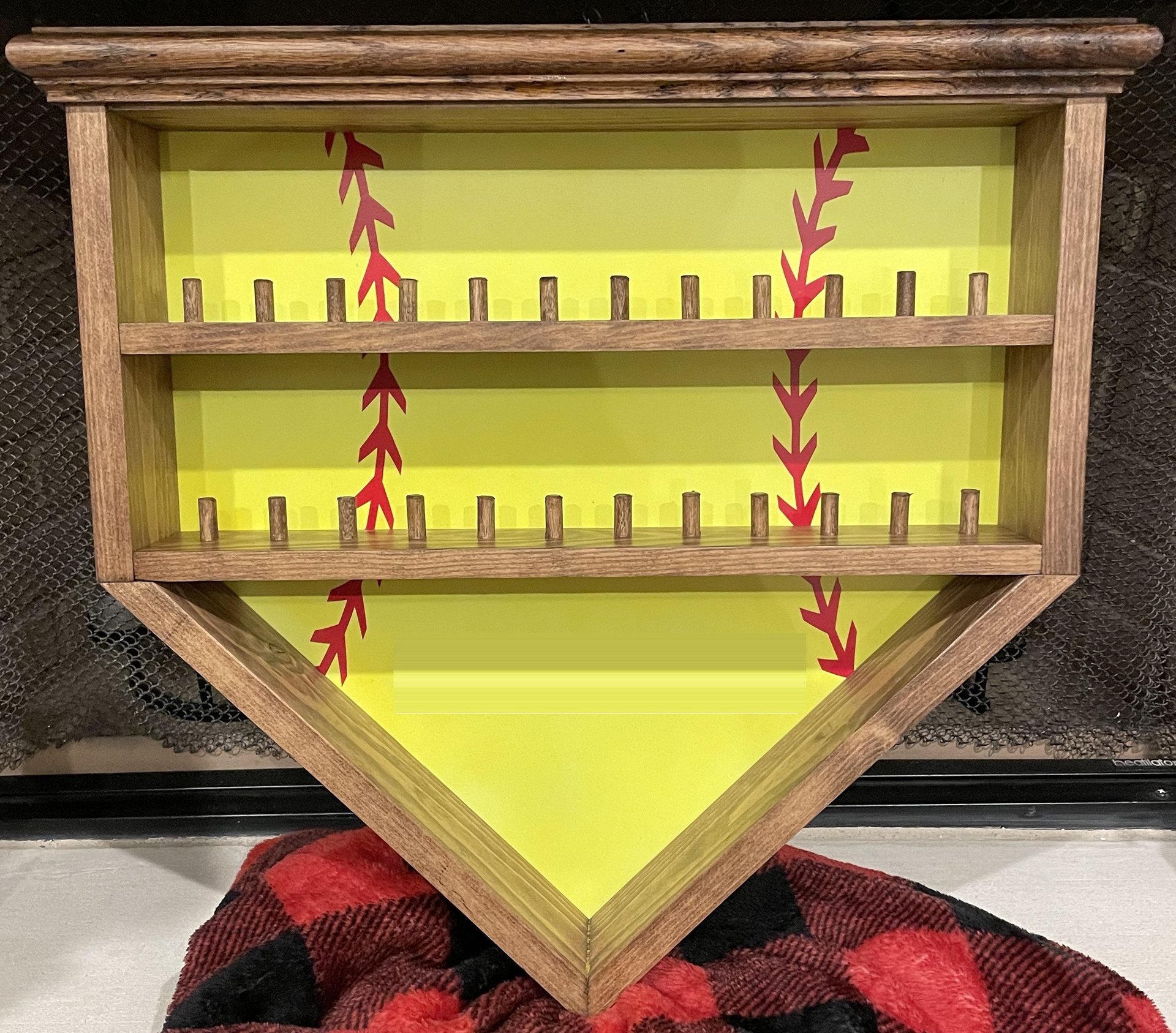 Home Plate Ring Display. 19 inches wide, 21 inches tall, 3.5 inches deep. Displays 12 rings per shelf.