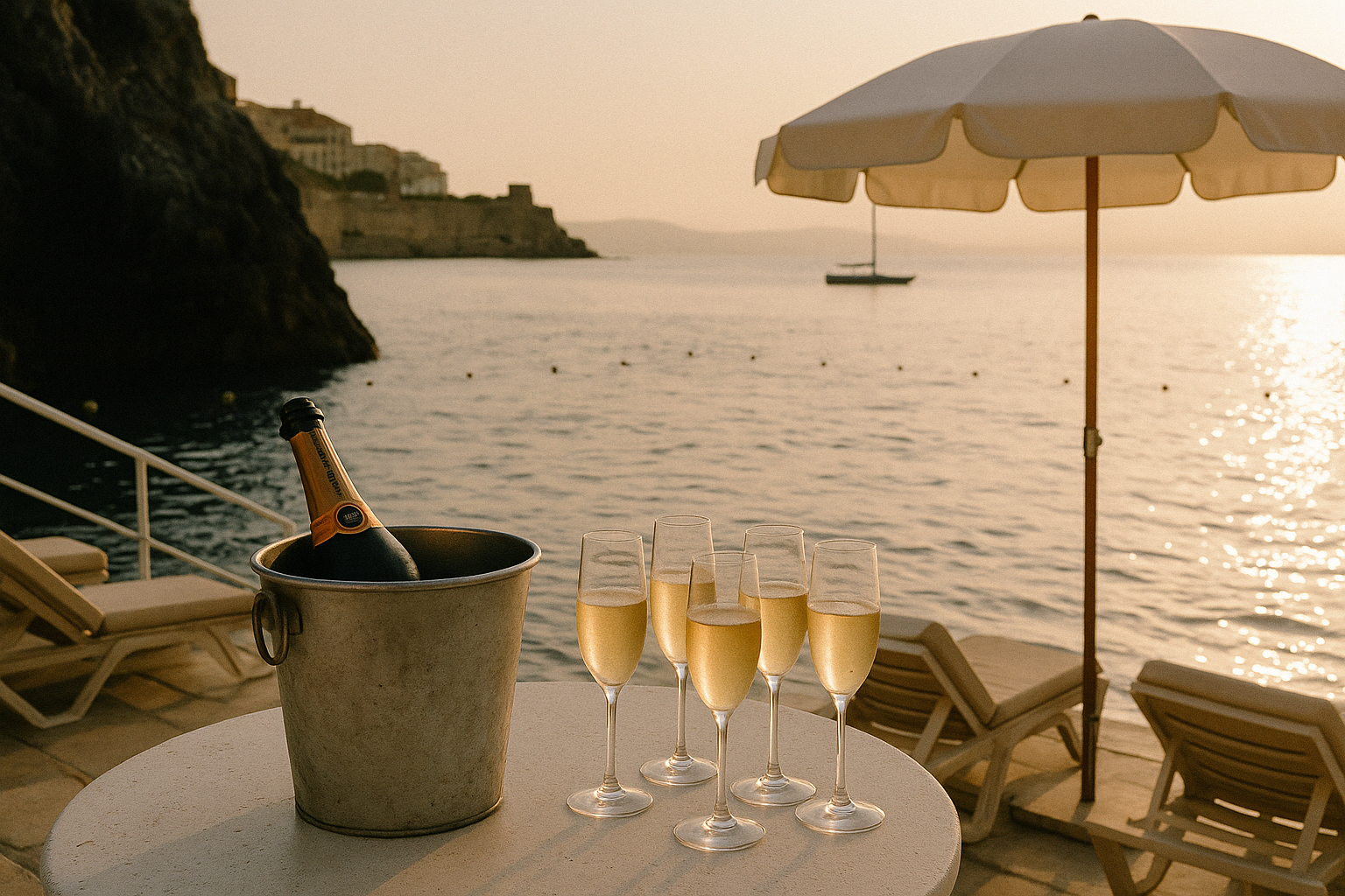 Wedding Website Design, Digital Wedding Stationery, Web Design and Branding for Wedding Professionals | Avelã White. Champagne bottle in ice bucket with four filled glasses on table, beach chairs, umbrella, and seaside view at sunset.