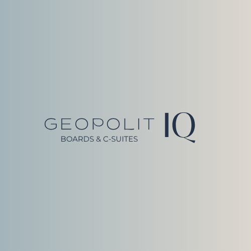 Logo for Geopoliti IQ Boards and C-Suites on a light gradient background.