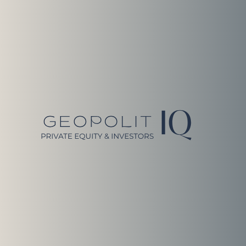 Logo for Geopolit IQ, a private equity and investor company, on a gradient gray background.