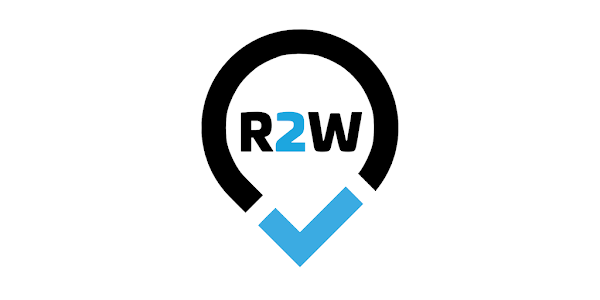 R2W logo with a black circular outline, the letters 'R2W' in black and blue, and a blue check mark underneath.