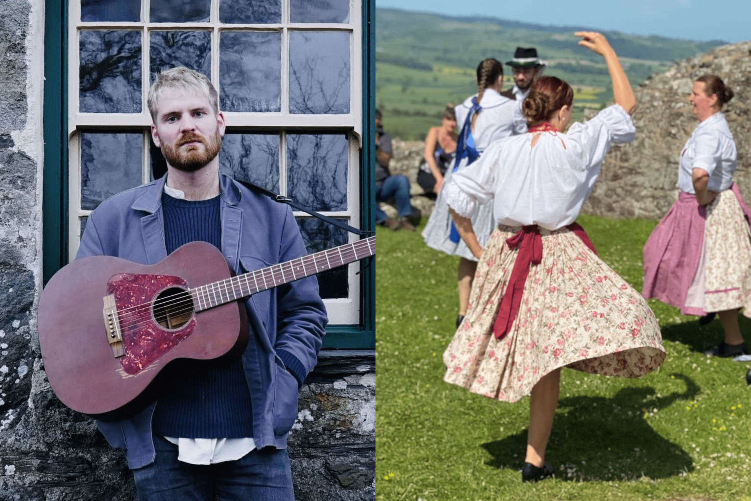 A split image featuring a portrait of Welsh singer Gwilym Bowen Rhys and a photo of Hungarian folk dancers from DunAvon dancing at Montgomery Castle in 2022 in traditional folk costumes.