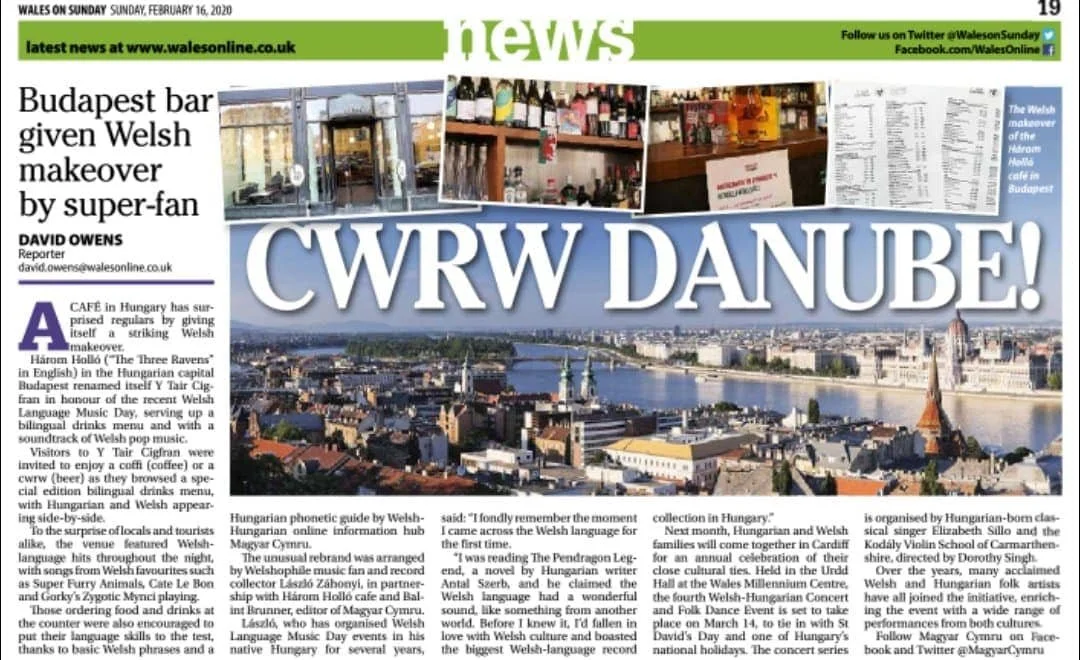 Collage featuring a panoramic view of Budapest, images of a Welsh bar with drinks and food, Welsh music event, and Welsh language speakers.
