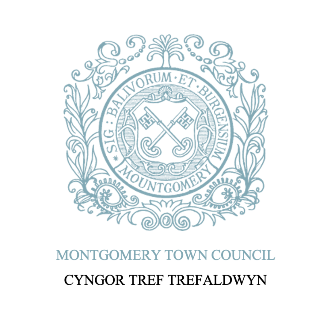 Seal of Montgomery Town Council with Latin inscription, around a shield with crossed keys, and the words "Montgomery Town Council" in English and Welsh written under it.