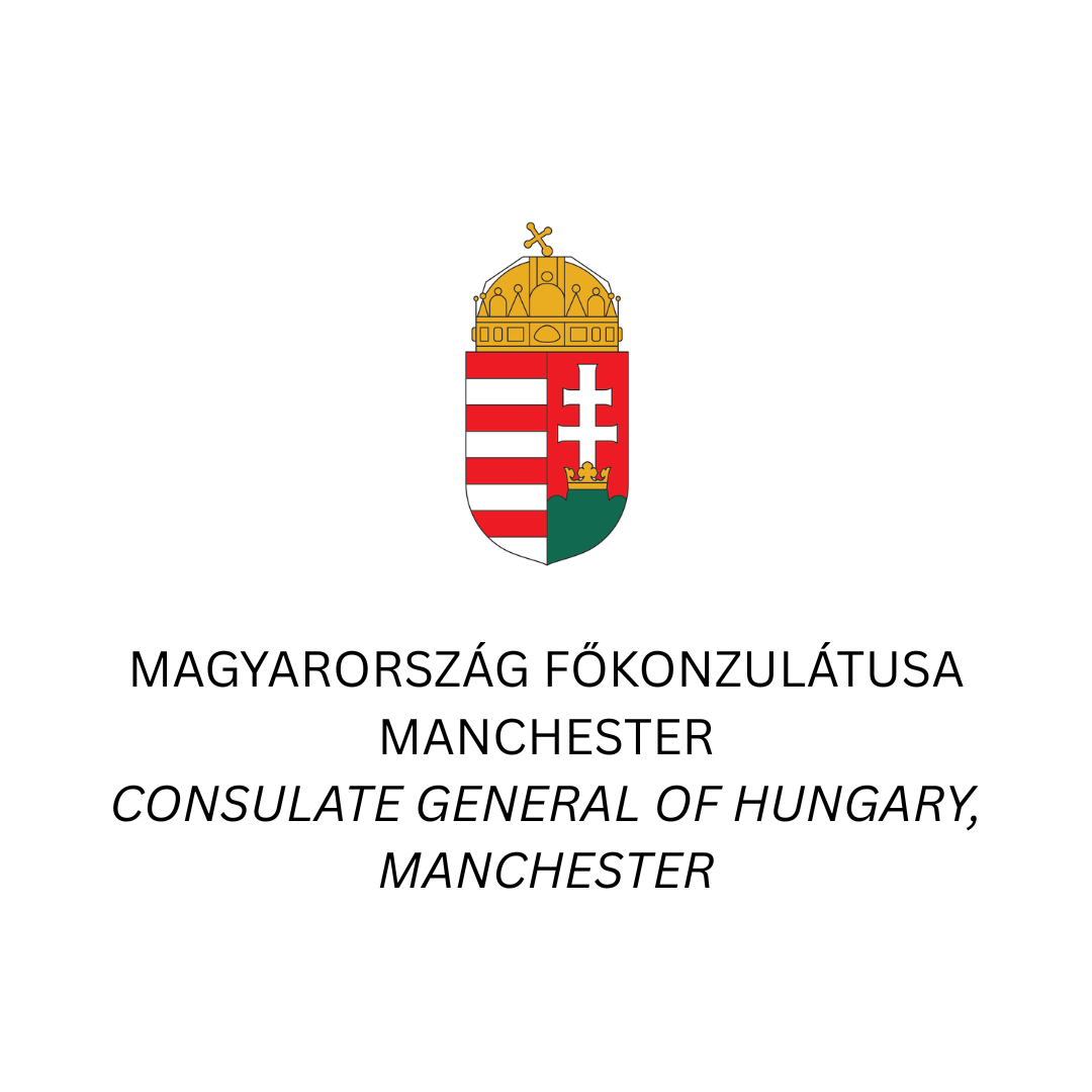 Coat of arms of Hungary, above text in Hungarian and English indicating the Hungarian Consulate General in Manchester.