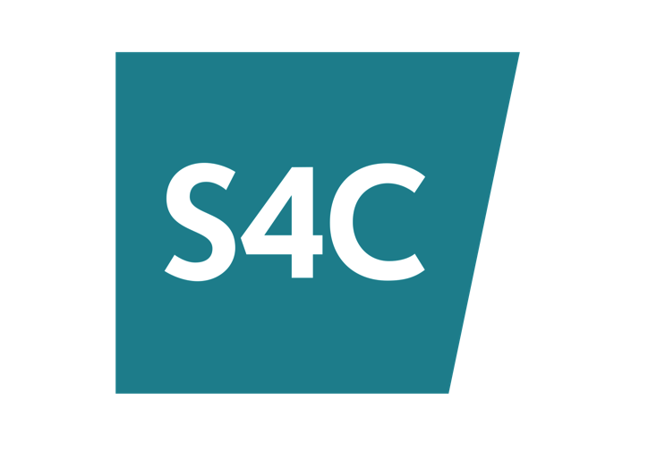 Logo with white text 'S4C' on a teal geometric background.