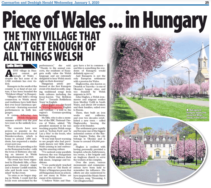 Newspaper article with the headline 'Piece of Wales... in Hungary,' featuring two images of scenic villages with cherry blossoms, a church, and traditional houses.