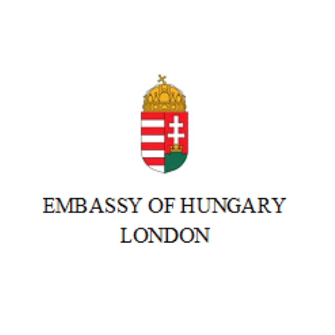 Coat of arms of Hungary with crown above it, and text reading 'Embassy of Hungary London'.